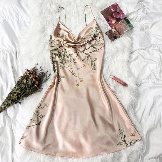 Sommer Frauen Nachthemd V Hals Seidige Satin Ärmelloses Drucken Spaghetti Strap