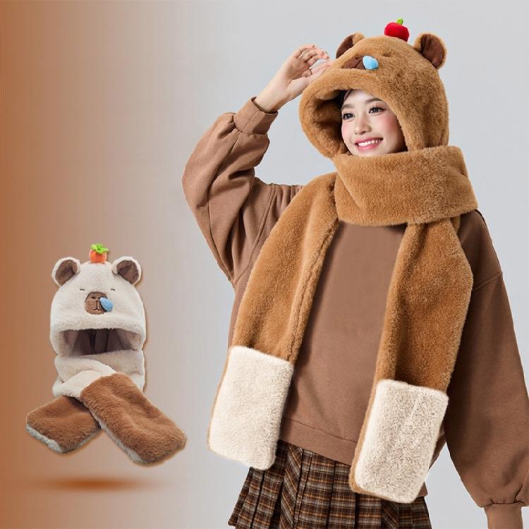 Furry Capybara Hat for Cycling and Running Sport Thicken Capybara Gloves Thick