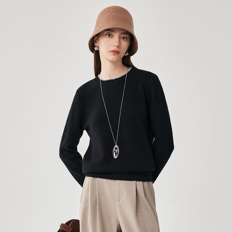 Zhaojun Women's Round Neck Wool Sweater with Lace Trim