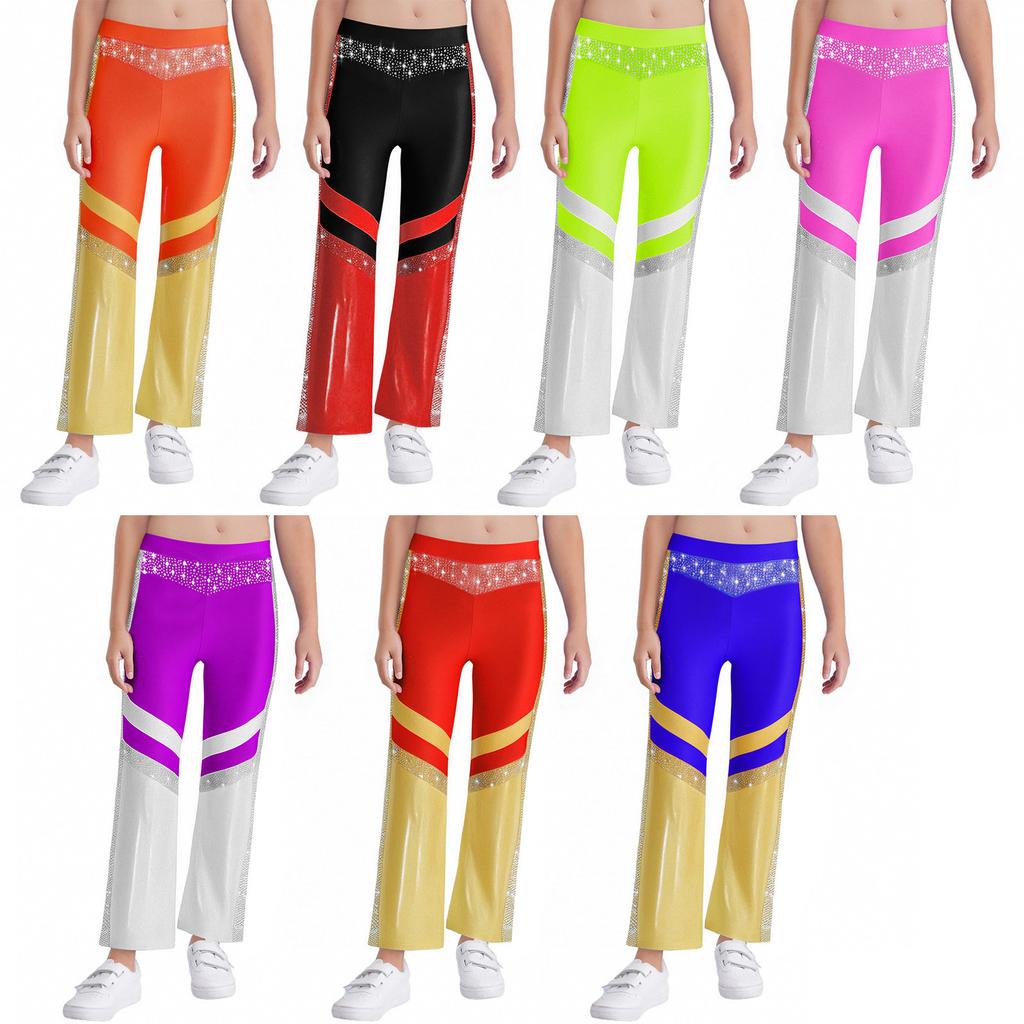 Dívčí gymnastický akrobatický taneční kostým Lesklé kamínky Zvonové kalhoty Elastický pas Barevný blok Kalhoty se zvonovými nohavicemi
