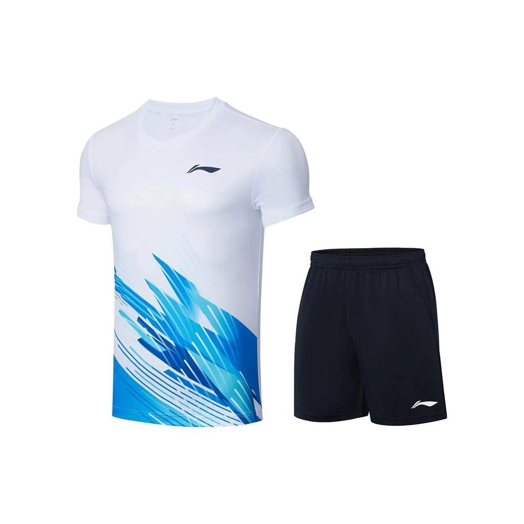 Li-Ning Badminton Series Striped Round Neck Pullover Short Sleeve Relaxed Mid-Waist Straight Leg Shorts Sports Suit Unisex Sports Suit AATU049-3