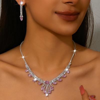 2025 New Design Colorful Rhinestones Water Drop Necklace Earrings Set Elegant And Simple Suitable For Bridal Wedding Gifts