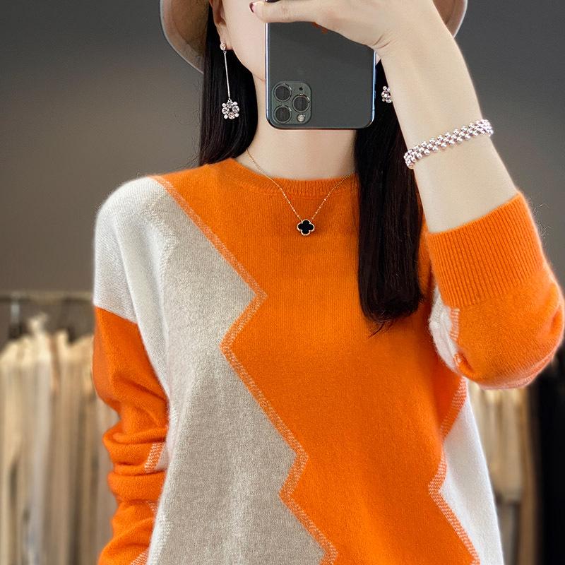 Women's Intarsia Color Block Pure Wool Sweater - Long Sleeve Half-High Neck Pullover