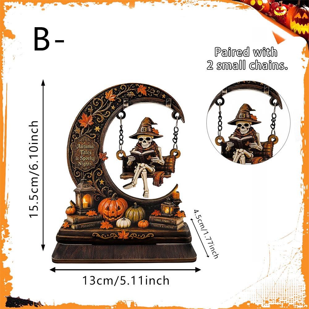 Halloween Moon Ghost Skull Swing Doll Reading Book Wooden Display Piece Bookcase Shelf Atmosphere Decoration