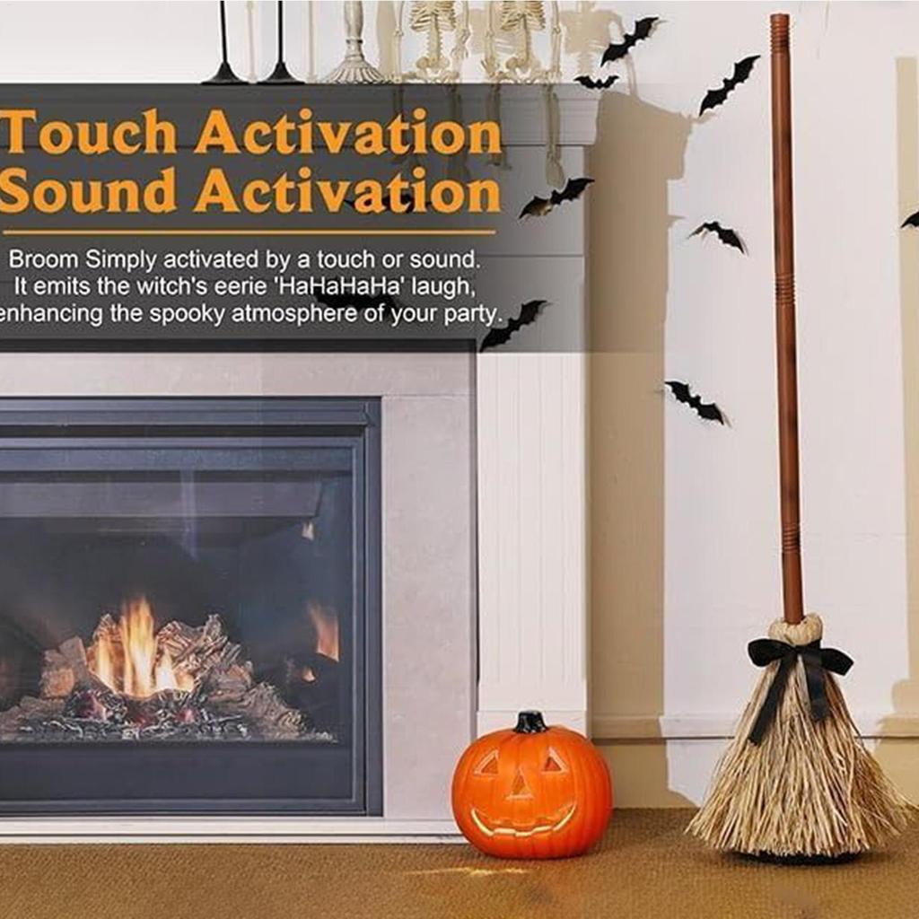 Sound Activated Floating Witch Broom Halloween Decorations with Spooky Sounds Haunted House Prop Dancing Broom Party Supplies