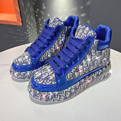 Tênis da Moda de Salto Médio com Brilho Cadarço Malha Sapatos Femininos em Promoção 2024 Alta Qualidade Sólido Primavera/Outono Sapatos Vulcanizados Femininos