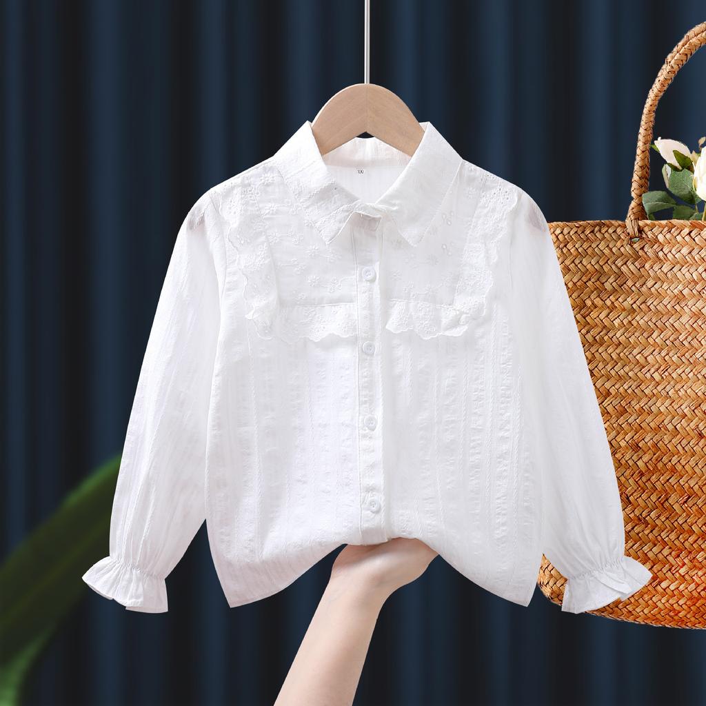 Mädchen Bluse Frühling 2023 Neue kinder Lange ärmeln Spitze Tops Kinder Weiß Revers Strickjacke T-shirt
