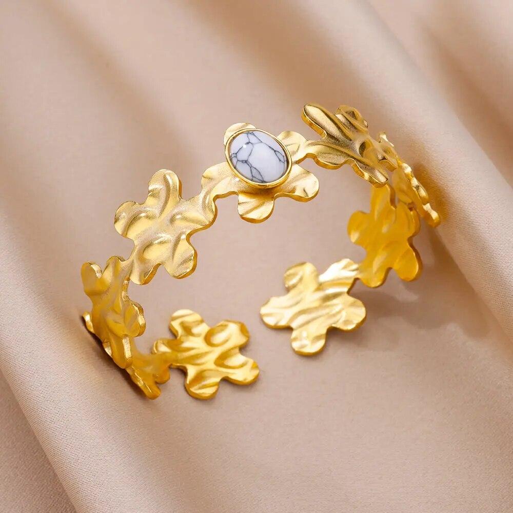 Artificial Green Stone Stainless Steel Cuff Bracelet for Women Gold Color Bangle Bracelets Female Vintage Jewelry Accessories