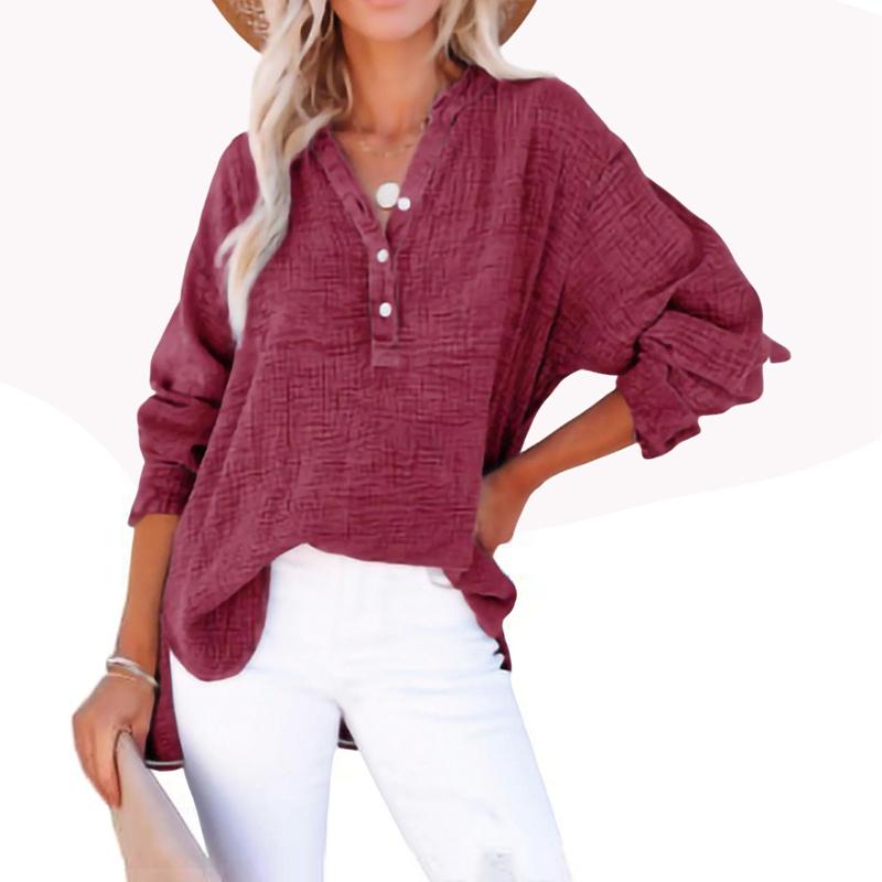 

Women Cotton-linen Style Casual Long Sleeve Shirts Loose Pullover Tops 2XL