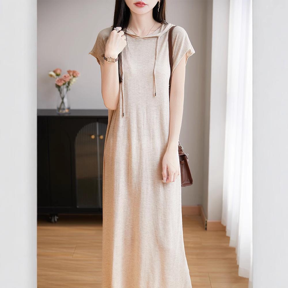 

Women s Summer Ice Silk Hooded Dress - Short Sleeve, Loose Korean Style M (Fits 90-100 lbs)