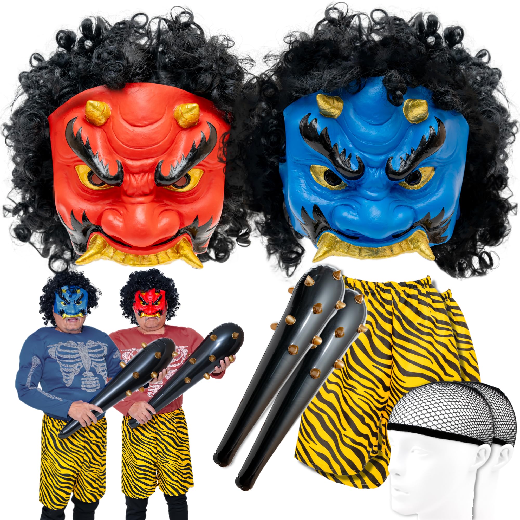 XP Design Setsubun Face Mask Set (Red Oni, Blue Oni, Hannya) with Wig, Club, and Oni Pants (Red Oni + Blue Oni Set e)