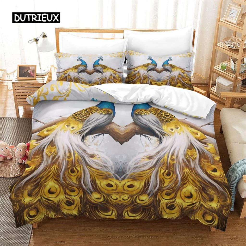 Duvet Cover Peacock Exotic Birds Animals Quilt Cover Polyester Feather Butterfly Flowers Bedding Set King For Girls Teen Room