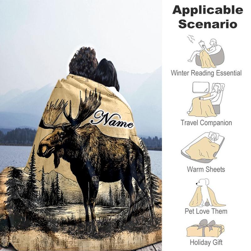 1PC Custom Name Moose Wilderness outdooor Flannel blankets Throw Blanket All-Season Throw Gift Bedspread for Couch, Bed, Camping Holiday Birthday gift