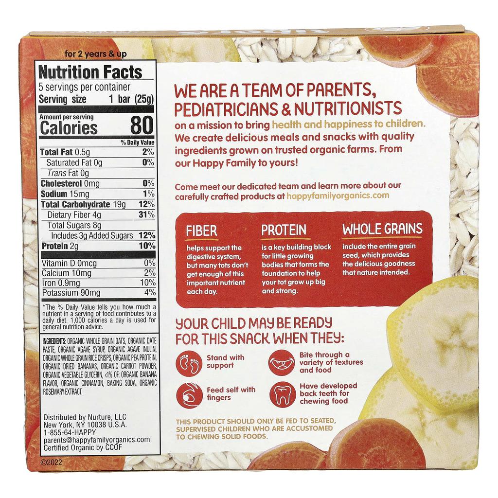 Happy Family Organics Organics Happytot®, Fiber and Protein Oat Bars, Organic Banana and Carrot, 5 Bars, 0.88 Oz (25 G) Each