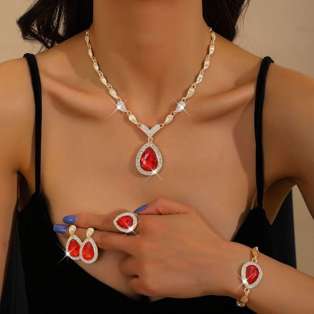 Water Drop Pendant Rhinestone Inlaid Jewelry Set Bracelet Ring Women Jewelry Set  Bridal