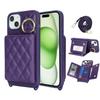For iPhone 15 Plus/14 Plus Case with Lanyard/Mirror/Card Holder Grids Pattern RFID Blocking Phone Cover