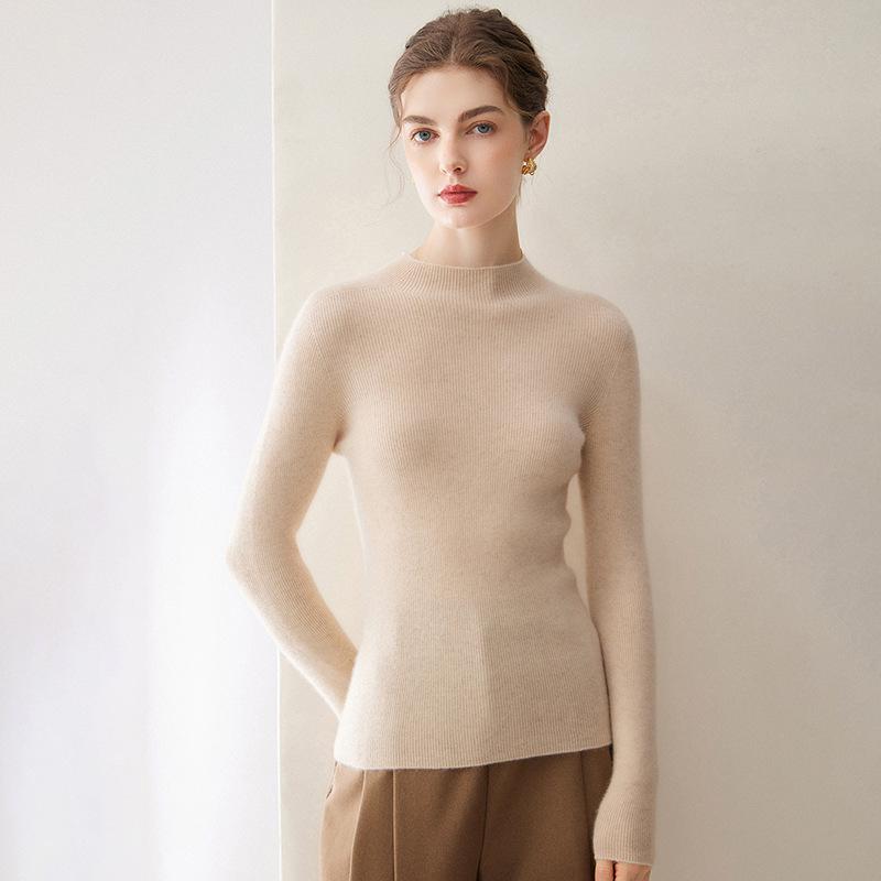 Women's Cashmere Seamless Knit Long Sleeve Sweater, Half-High Neck.