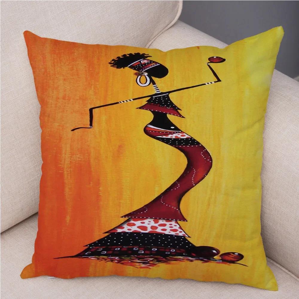 African Woman Soft Plush Cushion Cover for Sofa Home Decor Orange Abstract Painting Pillow Case Africa Life Collection Pillowcae