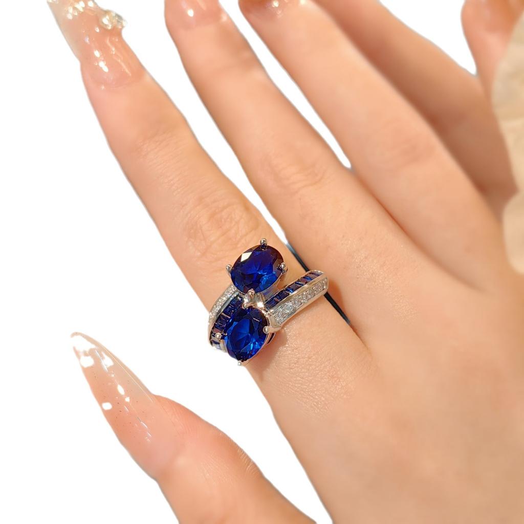 Vintage French Antique Twin Stone Red Corundum Ring Double Row Full Diamond High Carbon Imitation Blue Spinel Women'S Ring
