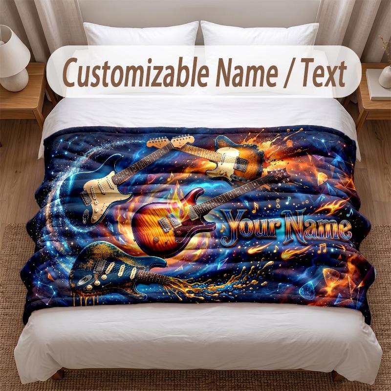 Music Guitar Theme Soft Blanket Personalized Custom Name Text Print Warm Blanket Home Sofa Bedroom Decor