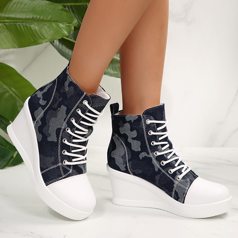 Women's High Top Wedge Sneakers Fashion Blue Camouflage Canvas Shoes Woman Lightweight Lace Up Platform Ankle Boots for Women