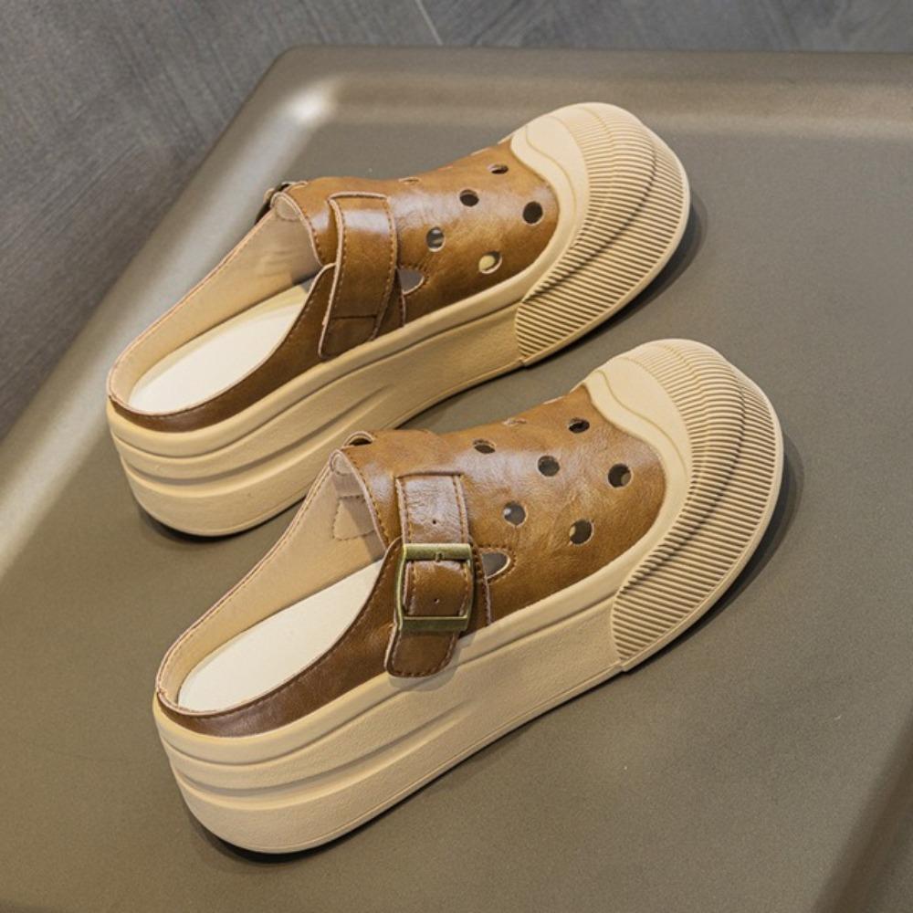 Slippers for Women's 2025 Summer New Round Headed Cowhide Low Top Thick Sole Height Increasing Casual and Comfortable Sandals