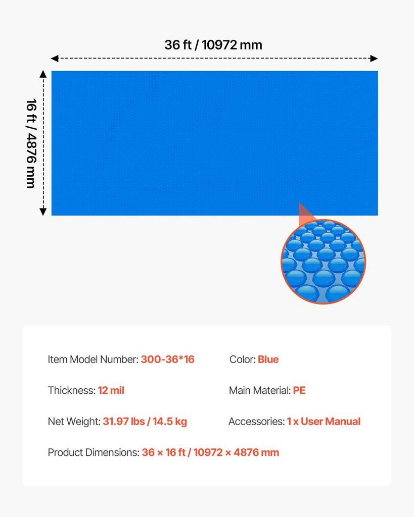 Solar Pool Cover, 10.97 x 4.88m Rectangle Pool Bubble Cover, 12 Mil Pools Solar Blanket with Bubble & PE Material, Daytime Heat Absorption, Nighttime
