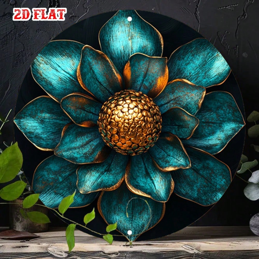 

Modern Teal Floral Metal Wall Art Round Textured Aluminum Poster Golden Sculpture 20x20 різнокольоровий