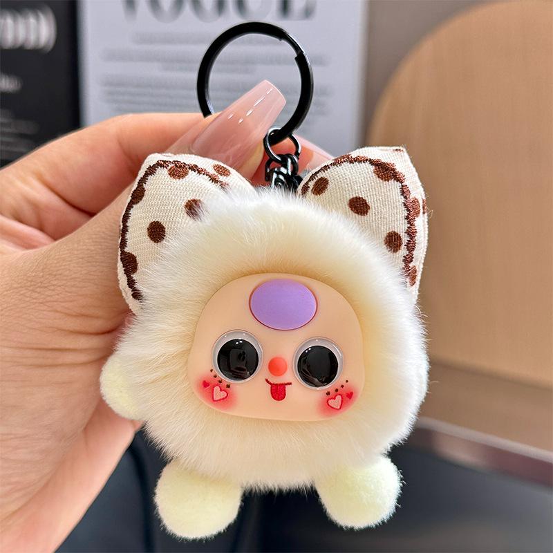 Imitation Rex Rabbit Bowknot Keychain with Coal Ball Pendant - Cute Doll Backpack Charm