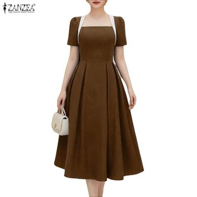 Damska kwadratowa szyja letnia casualowa sukienka z krótkim rękawem