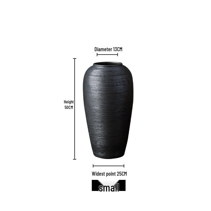 Black Zen-Style Ceramic Floor Vase for Dried Flowers - Retro Terracotta Ornament