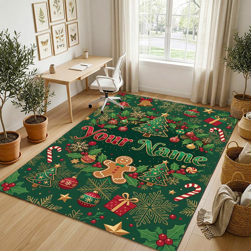 Christmas Theme Crystal Velvet Rug Personalized Custom Name Text Soft Floor Mat Home Decor