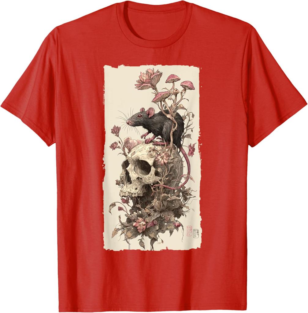 Gothic Rat Skull Mushroom Print Mens Casual Cotton Graphic Tee Soft Breathable TShirt