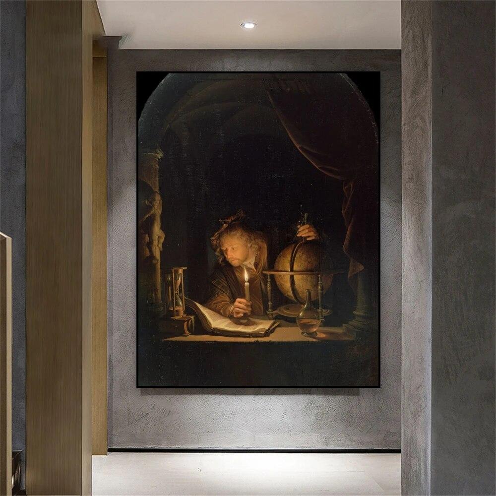 Pictură în ulei clasică Poster Astronom de la lumina lumânărilor Printuri Vintage Rustic Country Decor Pânză Pictură Home Galerie Decor