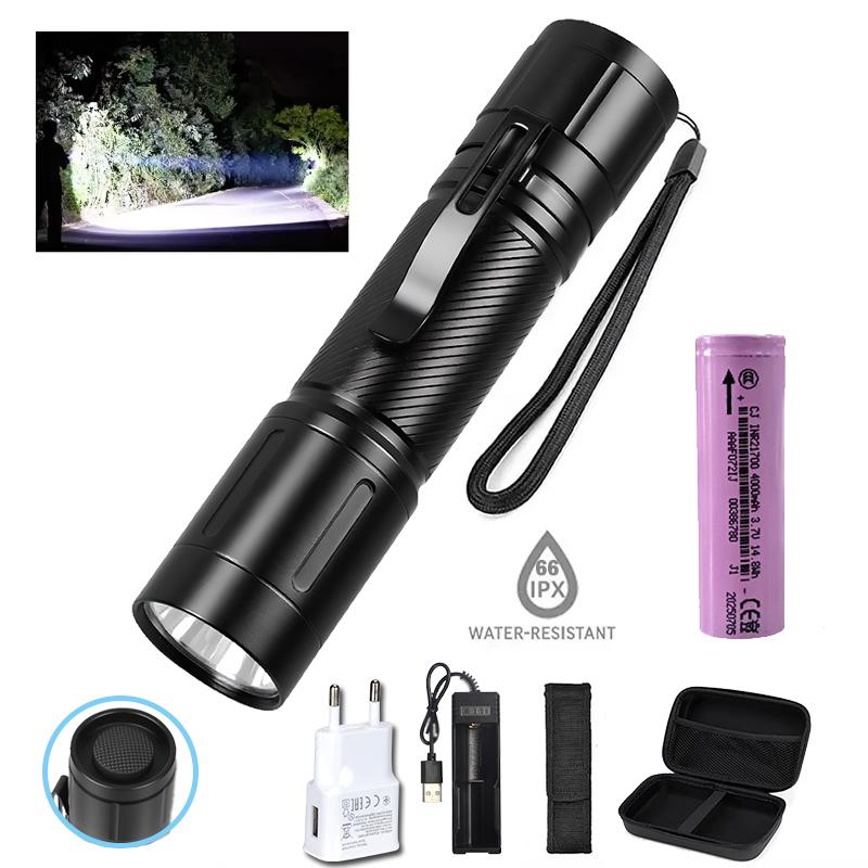 High Power LED Flashlights Tactical Torch 6 Modes Flashlight with Pen Clip Aluminum Alloys Waterproof External 21700 Battery