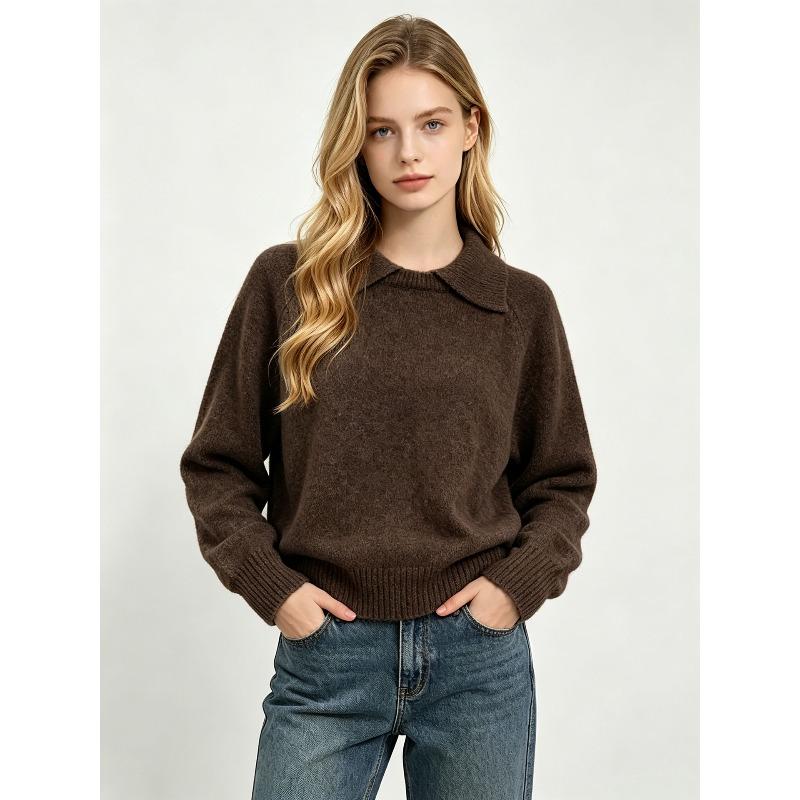 Autumn and winter lapel-neck knitted sweater women's loose shoulder-sleeved spliced lapel top