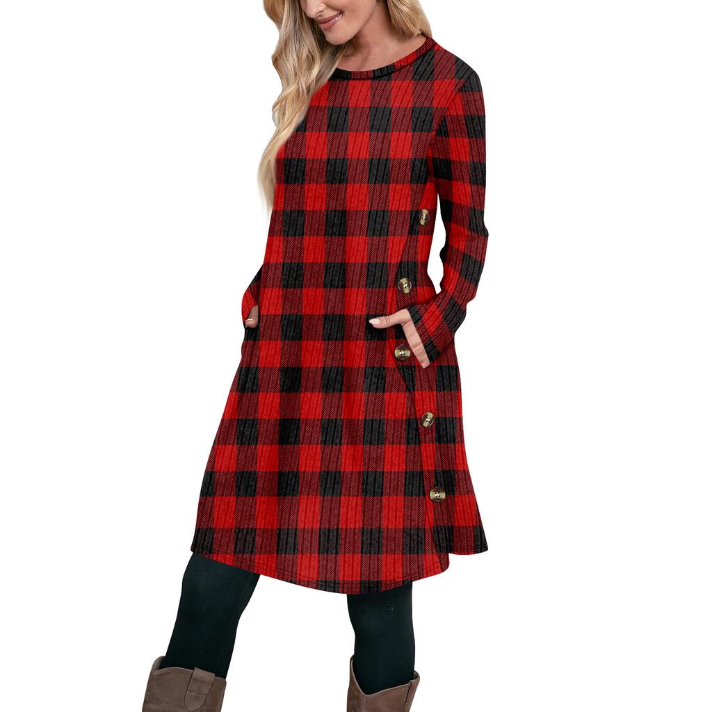 Women's Fashion Casual Long SleeveTunic Dress With Pockets Side Button Dress