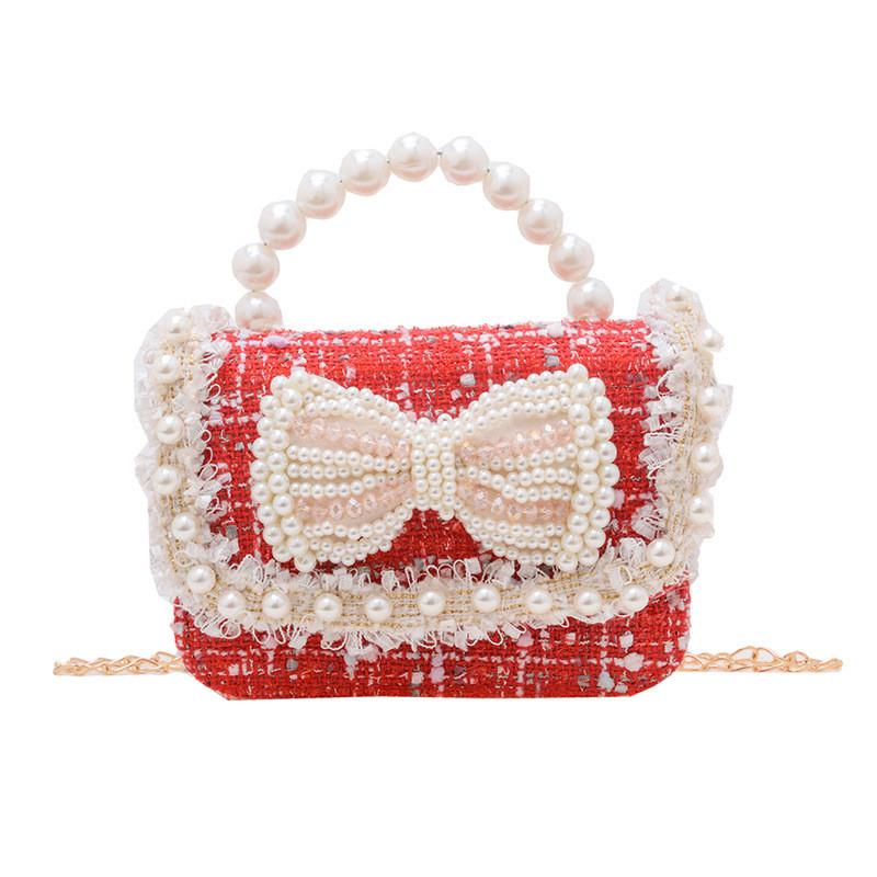 Trendy Red Mini Chain Crossbody Bag For Kids With Charming Bow Design And Lightweight Canvas Material