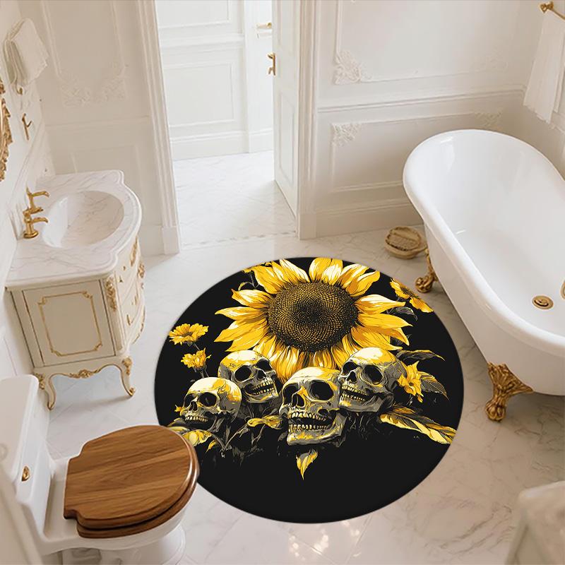 Sunflower and Skull,Round Area Rug,Carpet Rug for Living Room Bedroom Sofa Playroom Decor,Non-slip Floor Mat