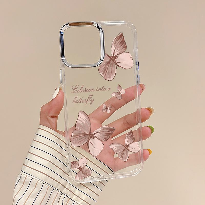 Luxury Electroplating Lens Frame Butterfly Print Case For iPhone 15 16 Pro Max Plus 14 13 12 Pro 11 Transparent TPU Phone Cover