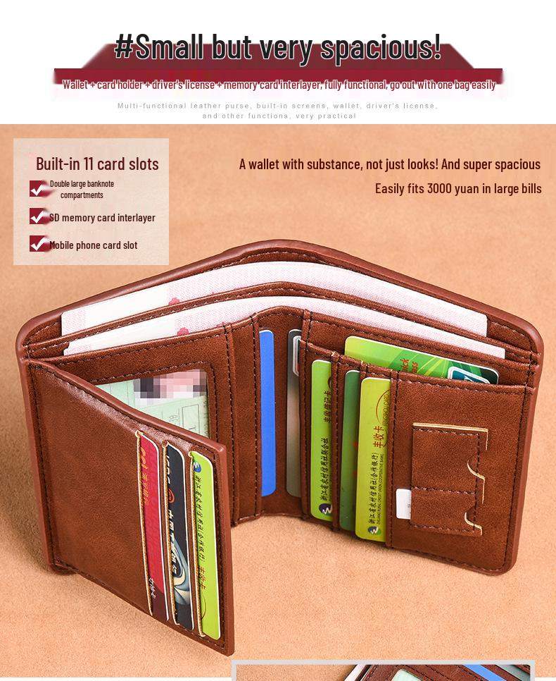 Men's Cross-Border Slim Tri-Fold Leather Wallet with ID and Card Holder