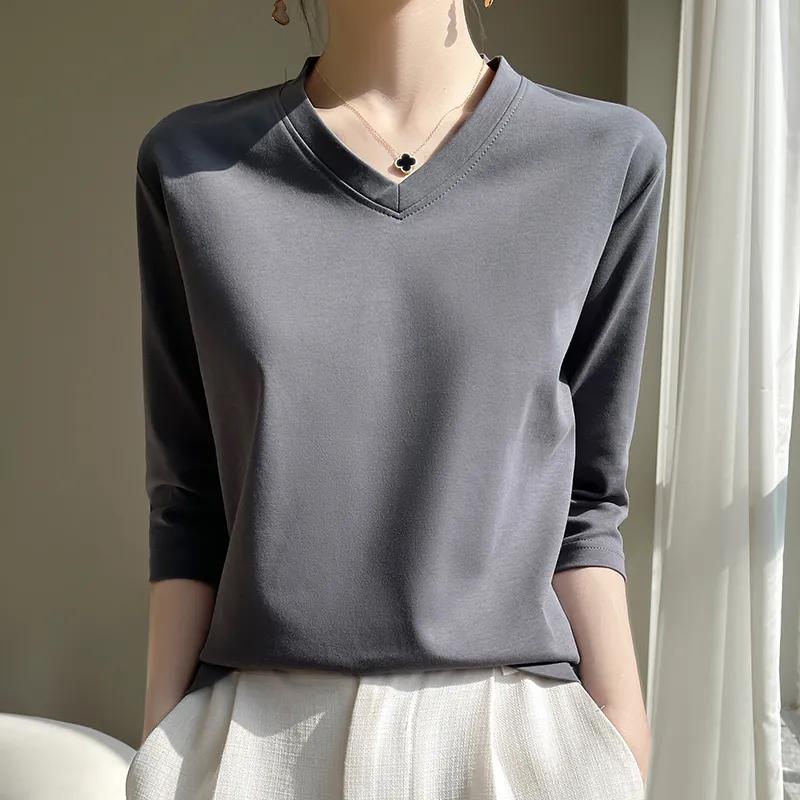Women's Summer V-neck Seven-quarter Sleeve Solid Color Loose T-shirt Beautiful Commuter Tops