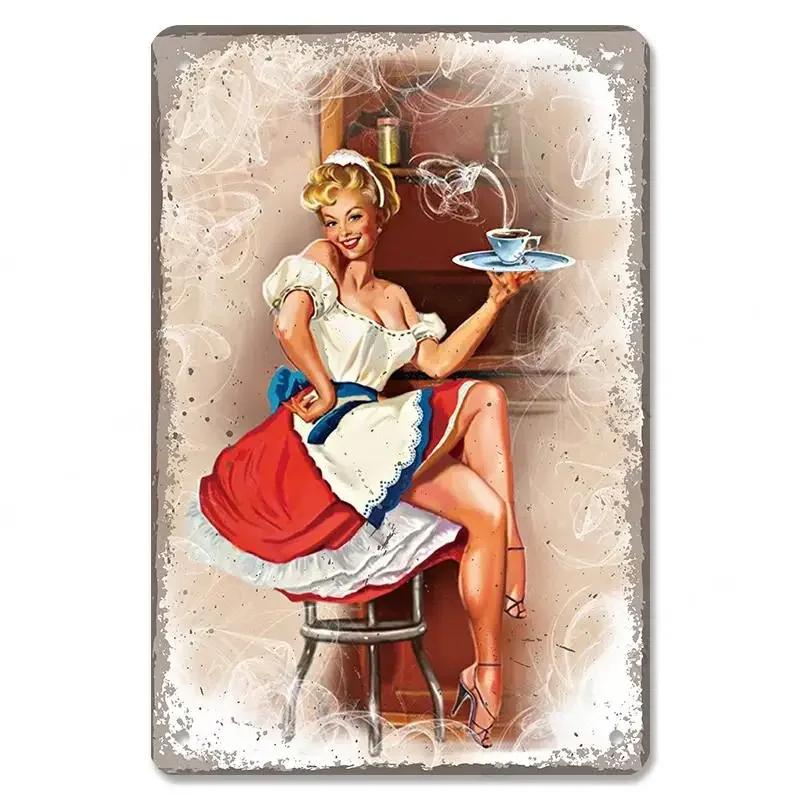 Vintage Metal Sexy Girl Pin Up Girls Plaque Tin Signs Cola Beer Airplane Metal Poster Retro for Bar Pub Club Home Wall Art Decor