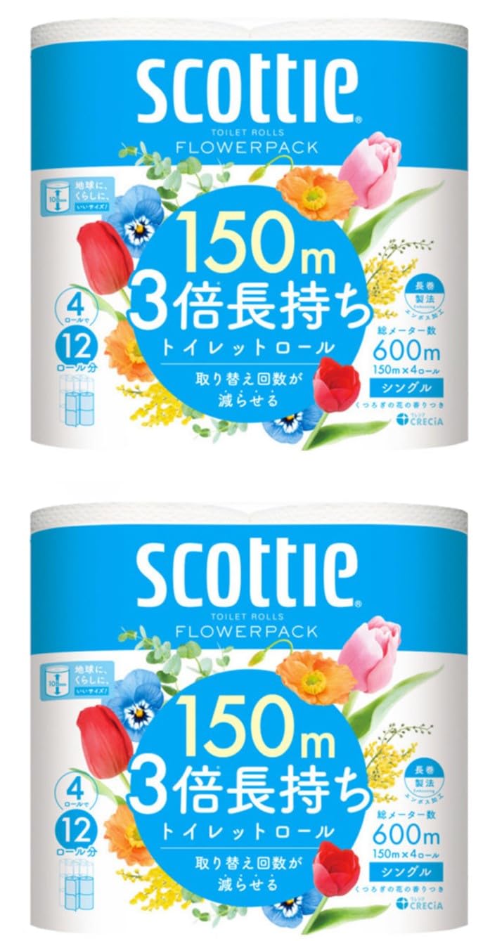 Scotty Flower Pack 3x Longer Lasting Toilet 4 Single of Paper, Rolls, 150m, (Pack 2)