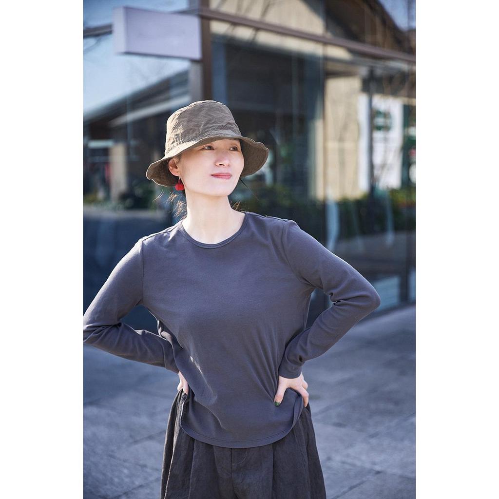 Spring/Summer Retro Smoky Gray Ultra-Thin Stretch Long-Sleeve Round-Neck Knit T-Shirt