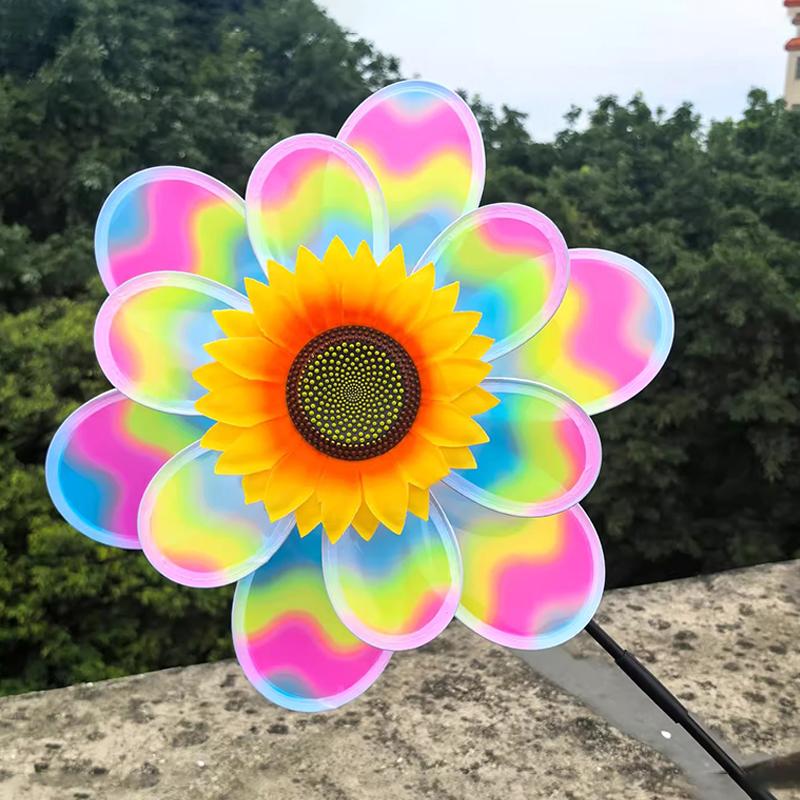 1 Piece Colorful Film Double-Layer Sunflower Windmill Rotating Sunflower Wind Spinner Stake Standing Lawn Flower Pinwheel