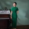 Green jacquard cheongsam new high-end temperament catwalk long summer women improved retro elegance daily wear 1011