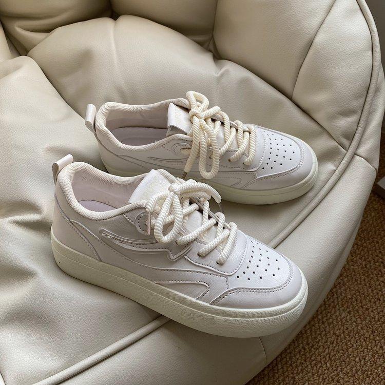 Summer New Leather Soft Bottom Colorblock Board Shoes Women's round Head Lace up Casual Sports White Shoes Wholesale