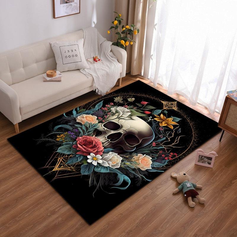 Floral Skull Print Decorative Carpet with Black Background, Gothic Style Suitable for Use As an Anti-slip for Living Room Bedroom Sofas