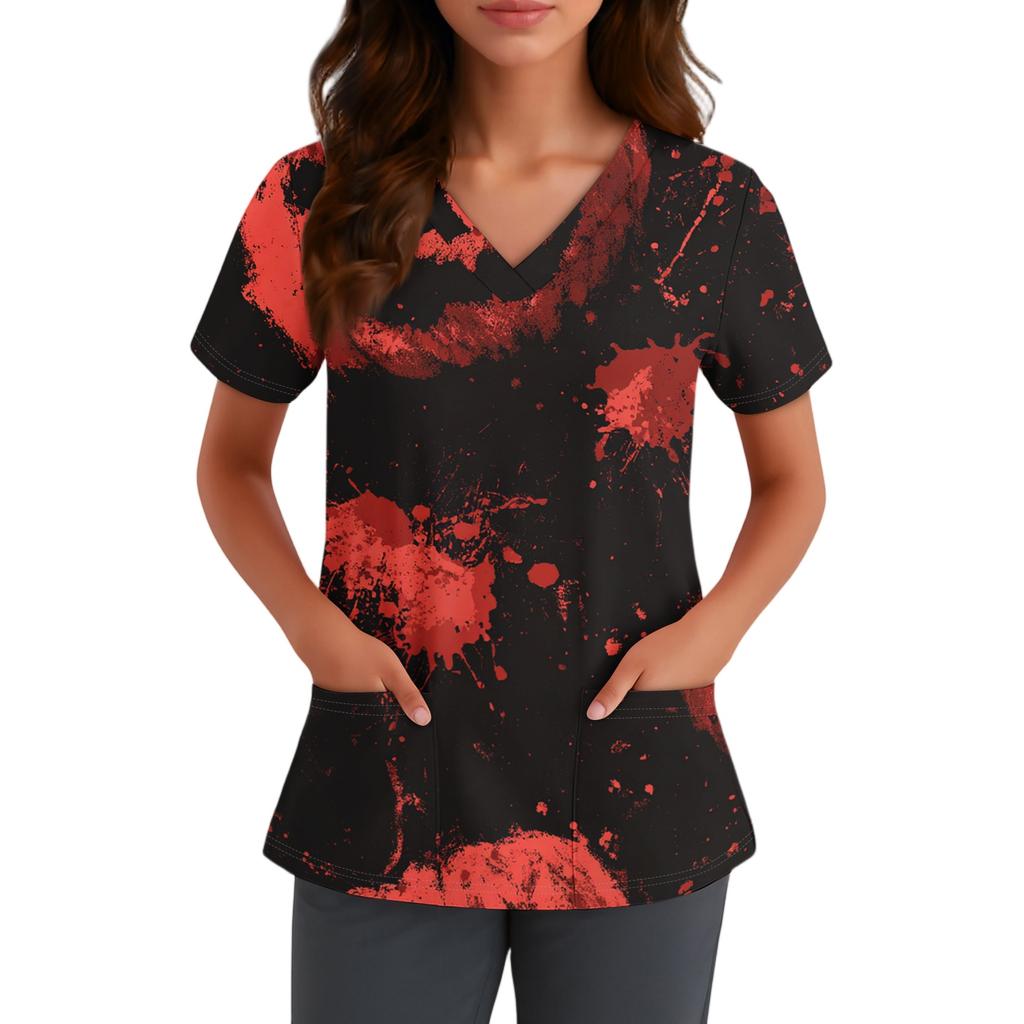 Women V Neck Short Sleeve Work Shirt with Pocket Halloween Printed Top for Nurse Healthcare Uniform Scrub Top